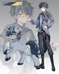 Size: 1627x2048 | Tagged: safe, artist:alus, oc, oc only, human, unicorn, anime style, boots, clothes, glasses, gradient background, horn, humanized, humanized oc, male, shoes, solo, stallion, unicorn oc, zoom layer
