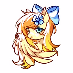 Size: 2100x2100 | Tagged: safe, artist:alus, oc, oc only, oc:mercy snow, pegasus, pony, bow, cute, cute little fangs, fangs, female, flower, flower in hair, hair bow, high res, mare, pegasus oc, simple background, solo, white background