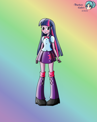 Size: 2625x3308 | Tagged: safe, artist:darkengales, twilight sparkle, human, equestria girls, g4, clothes, female, gradient background, high res, rainbow background, shirt, shoes, skirt, solo