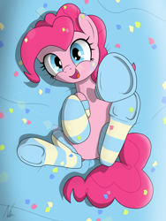 Size: 3000x4000 | Tagged: safe, alternate version, artist:noomeralf, pinkie pie, earth pony, pony, g4, best pony, clothes, confetti, female, frog (hoof), looking at you, lying down, mare, on back, open mouth, open smile, smiling, socks, striped socks, underhoof