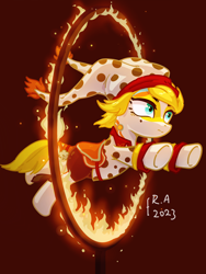 Size: 3000x4000 | Tagged: safe, artist:raineve, oc, oc only, earth pony, pony, blue eyes, fire, red background, simple background, solo, tail, white coat, yellow mane, yellow tail