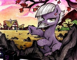 Size: 2051x1587 | Tagged: safe, artist:liaaqila, limestone pie, earth pony, pony, g4, angry, autumn, building, complex background, cross-popping veins, emanata, female, house, looking at you, mare, mouth hold, outdoors, pickaxe, rock, rock farm, sitting, solo, traditional art