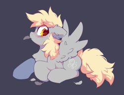 Size: 1454x1120 | Tagged: safe, artist:mirtash, derpy hooves, pegasus, pony, g4, blushing, chest fluff, cute, derpabetes, ear fluff, eye clipping through hair, feather, female, floppy ears, grooming, mare, preening, profile, simple background, solo, spread wings, wing fluff, wings