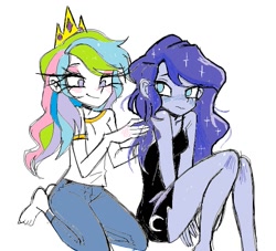 Size: 713x648 | Tagged: safe, artist:wls039, princess celestia, princess luna, human, g4, bare shoulders, barefoot, clothes, crown, denim, dress, duo, feet, female, humanized, jeans, jewelry, missing shoes, pants, pony coloring, regalia, royal sisters, shirt, siblings, simple background, sisters, sleeveless, t-shirt, white background