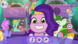 Size: 3072x1727 | Tagged: safe, screencap, emerald saucer, fifi (g5), leaf pony, pipp petals, sugarpuff lilac, breezie, earth pony, pegasus, pony, unicorn, g5, my little pony: tell your tale, nightmare nightmarket, spoiler:g5, spoiler:my little pony: tell your tale, spoiler:tyts01e63, cellphone, female, grin, looking at you, male, mare, offscreen character, open mouth, open smile, phone, smartphone, smiling, stallion, unnamed character