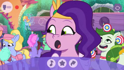Size: 3072x1727 | Tagged: safe, screencap, berries (g5), emerald saucer, fifi (g5), pipp petals, sugarpuff lilac, 莉芙, breezie, earth pony, pegasus, pony, unicorn, g5, my little pony: tell your tale, nightmare nightmarket, spoiler:g5, spoiler:my little pony: tell your tale, spoiler:tyts01e63, :o, cellphone, female, male, mare, open mouth, open smile, phone, selfie stick, smartphone, smiling, stallion