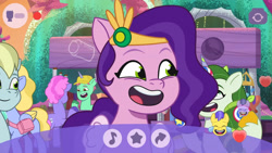 Size: 3072x1727 | Tagged: safe, screencap, clapboard snap, emerald saucer, fifi (g5), leaf pony, pipp petals, sugarpuff lilac, earth pony, pegasus, pony, unicorn, g5, my little pony: tell your tale, nightmare nightmarket, spoiler:g5, spoiler:my little pony: tell your tale, spoiler:tyts01e63, cellphone, female, male, mare, open mouth, open smile, phone, selfie stick, smartphone, smiling, stallion