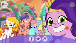 Size: 3072x1727 | Tagged: safe, screencap, berries (g5), fifi (g5), flare (g5), kazoo (g5), pipp petals, shiny sparks, pegasus, pony, unicorn, g5, my little pony: tell your tale, nightmare nightmarket, spoiler:g5, spoiler:my little pony: tell your tale, spoiler:tyts01e63, cellphone, cotton candy, donut, eating, female, food, grin, ice cream, ice cream cone, male, mare, phone, selfie stick, smartphone, smiling, stallion, waffle cone