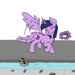 Size: 3508x3508 | Tagged: safe, artist:ponny, part of a set, twilight sparkle, oc, oc:filly anon, alicorn, earth pony, pony, series:sailor meep, g4, boat, box, colored, concrete, eyes closed, female, filly, foal, high res, levitation, magic, mare, meep, micro, paper, part of a series, sailing, size difference, smiling, smol, telekinesis, tiny, tiny ponies, twilight sparkle (alicorn), water, waving