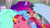 Size: 3072x1727 | Tagged: safe, screencap, alphabittle blossomforth, misty brightdawn, pony, unicorn, g5, my little pony: tell your tale, nightmare nightmarket, spoiler:g5, spoiler:my little pony: tell your tale, spoiler:tyts01e63, blushing, candy, cotton candy, female, food, frown, lollipop, male, mare, offscreen character, one eye closed, plushie, rebirth misty, solo focus, stallion