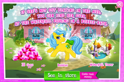 Size: 1958x1303 | Tagged: safe, gameloft, idw, bubbles (g1), earth pony, pony, g1, g4, my little pony: magic princess, official, advertisement, bow, bush, costs real money, english, female, gem, idw showified, introduction card, mare, mobile game, numbers, sale, solo, tail, tail bow, text, tree, water