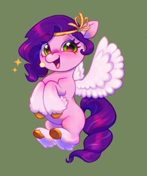 Size: 1509x1802 | Tagged: safe, artist:catmintyt, pipp petals, pegasus, pony, g5, adorapipp, blushing, colored wings, cute, diadem, eye clipping through hair, eyebrows, eyebrows visible through hair, feathered fetlocks, female, flying, green background, happy, headband, hoof heart, jewelry, looking at you, mare, microphone, open mouth, open smile, regalia, signature, simple background, smiling, smiling at you, solo, spread wings, underhoof, wings