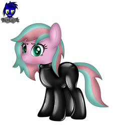 Size: 3840x4154 | Tagged: safe, artist:damlanil, oc, oc only, oc:mystic breeze, earth pony, pony, bodysuit, catsuit, clothes, cute, female, latex, latex suit, looking at you, mare, rubber, shiny, show accurate, simple background, smiling, solo, standing, suit, transparent background, vector