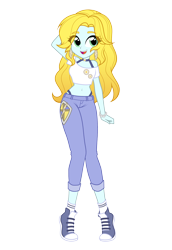 Size: 2000x2900 | Tagged: safe, alternate version, artist:rileyav, derpibooru exclusive, oc, oc only, oc:graceful charity, equestria girls, g4, arm behind head, belly button, blonde, bra, bra strap, camera, charm bracelet, choker, clothes, cutie mark on clothes, d20, daisy (flower), denim, ear piercing, earring, eye clipping through hair, eyebrows, eyebrows visible through hair, feather, female, flower, green eyes, high res, jeans, jewelry, looking at you, magic wand, off shoulder, open mouth, panties, pants, piercing, raised arm, shirt, shoes, simple background, smiling, sneakers, socks, solo, sun, teeth, thong, transparent background, underwear