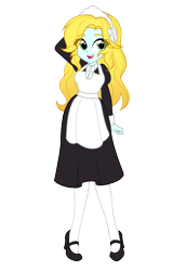 Size: 2000x2900 | Tagged: safe, artist:rileyav, derpibooru exclusive, oc, oc only, oc:graceful charity, equestria girls, g4, apron, arm behind head, blonde, bow, clothes, eye clipping through hair, eyebrows, eyebrows visible through hair, female, green eyes, hair bow, headband, high res, looking at you, maid, mary janes, open mouth, raised arm, shoes, simple background, smiling, socks, solo, teeth, thigh highs, transparent background