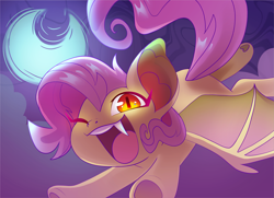 Size: 6297x4548 | Tagged: safe, artist:cutepencilcase, fluttershy, bat pony, pony, g4, bat ponified, crescent moon, cute, fangs, flutterbat, flying, moon, night, one eye closed, open mouth, open smile, race swap, shyabates, shyabetes, smiling, solo, wink