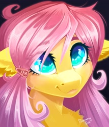 Size: 2366x2766 | Tagged: safe, artist:buvanybu, fluttershy, pegasus, pony, g4, ahoge, alternate hairstyle, black background, bust, colored eyebrows, colored pupils, cute, dog lip, ear fluff, female, floppy ears, hair over one eye, hairpin, high res, mare, portrait, shyabetes, simple background, solo