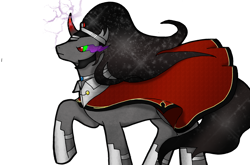 Size: 1280x846 | Tagged: safe, artist:pixel-spark, king sombra, pony, unicorn, fanfic:from darkness to light, g4, boots, cape, clothes, collar, colored horn, concave belly, crown, curved horn, dark magic, fanfic art, gem, helmet, horn, jewelry, king sideburns, magic, male, regalia, robe, shoes, simple background, solo, sombra eyes, sombra's horn, stallion, starry hair, transparent background, vector