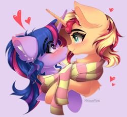 Size: 1280x1177 | Tagged: safe, artist:natanvok, sunset shimmer, twilight sparkle, pony, unicorn, g4, blushing, clothes, crossed horns, cute, duo, ear fluff, female, heart, horn, horns are touching, lesbian, looking into each others eyes, scarf, shared clothing, shared scarf, shimmerbetes, ship:sunsetsparkle, shipping, striped scarf, twiabetes