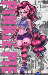 Size: 792x1224 | Tagged: safe, artist:inkkeystudios, gameloft, pinkie pie, earth pony, pony, anthro, g4, my little pony: magic princess, :p, belly button, belly piercing, breasts, clothes, collar, ear piercing, edgy pinkie pie, female, fingerless gloves, fishnet clothing, gloves, midriff, piercing, shorts, socks, solo, spiked wristband, striped gloves, striped socks, thigh highs, tongue out, tongue piercing, wristband