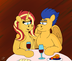 Size: 2345x2007 | Tagged: safe, artist:rotgriff, flash sentry, sunset shimmer, pegasus, pony, unicorn, g4, date, female, food, glass, high res, lidded eyes, looking at each other, looking at someone, male, mare, ship:flashimmer, shipping, stallion, straight, wine glass