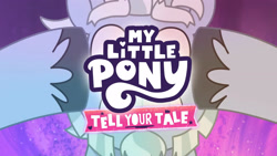 Size: 3072x1727 | Tagged: safe, screencap, alphabittle blossomforth, pony, unicorn, g5, my little pony: tell your tale, nightmare nightmarket, spoiler:g5, spoiler:my little pony: tell your tale, spoiler:tyts01e63, frown, male, my little pony logo, shrunken pupils, solo, stallion