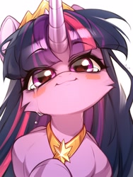 Size: 1536x2048 | Tagged: safe, artist:minekoo2, twilight sparkle, alicorn, pony, g4, blush sticker, blushing, cheek fluff, crying, female, jewelry, looking at you, mare, peytral, simple background, smiling, smiling at you, solo, teary eyes, tiara, twilight sparkle (alicorn), white background