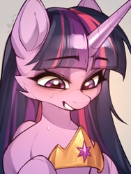 Size: 1536x2048 | Tagged: safe, artist:minekoo2, twilight sparkle, alicorn, pony, g4, cheek fluff, female, gradient background, gray background, grin, jewelry, looking down, mare, nervous, nervous smile, smiling, solo, sweat, tiara, twilight sparkle (alicorn), white background