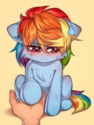 Size: 1536x2048 | Tagged: safe, artist:minekoo2, rainbow dash, human, pegasus, pony, g4, blushing, emanata, hand, holding hoof, looking away, offscreen character, pov, raised hoof, simple background, sitting, sweat, sweatdrop