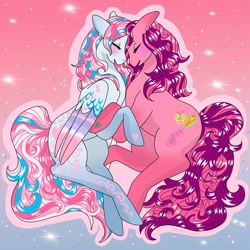 Size: 2048x2048 | Tagged: safe, artist:honolu-loo, skywishes, star catcher, earth pony, pegasus, pony, g3, colored wings, duo, ears back, eyes closed, female, folded wings, gradient background, gradient legs, high res, hoof heart, lesbian, mare, multicolored wings, open mouth, pink background, ship:skycatcher, shipping, sparkles, underhoof, wings