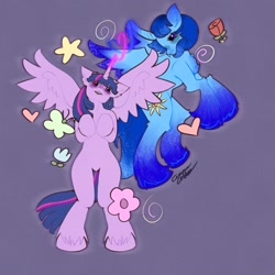 Size: 3000x3000 | Tagged: artist needed, source needed, safe, twilight sparkle, oc, oc:blue thunder, alicorn, pony, g4, alicorn oc, belly, bipedal, blushing, canon x oc, duo, female, flower, heart, high res, horn, love, male, signature, straight, thundersparkle, twilight sparkle (alicorn), unshorn fetlocks, wings