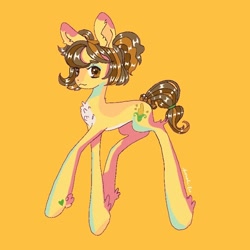 Size: 800x800 | Tagged: safe, artist:honolu-loo, oc, oc only, oc:maisy sweetcorn, earth pony, pony, concave belly, earth pony oc, long legs, pale belly, simple background, slender, solo, thin, yellow background