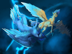 Size: 1024x768 | Tagged: artist needed, source needed, safe, flash sentry, oc, oc:blue thunder, alicorn, pegasus, pony, g4, alicorn oc, duo, fight, horn, lightning, male, stallion, storm, sword, weapon, wings