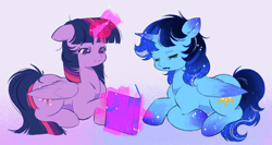 Size: 3488x1855 | Tagged: artist needed, source needed, safe, twilight sparkle, oc, oc:blue thunder, alicorn, pony, g4, alicorn oc, book, canon x oc, duo, female, floppy ears, horn, magic, male, reading, sleeping, straight, thundersparkle, twilight sparkle (alicorn), wings