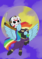 Size: 2893x4092 | Tagged: safe, artist:sadpanda1268, rainbow dash, human, pegasus, pony, g4, clothes, costume, duo, friday the 13th, halloween, holiday, humans riding ponies, jason voorhees, machete, riding, shadowbolt dash, shadowbolts costume
