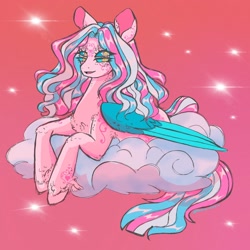 Size: 2048x2048 | Tagged: safe, artist:honolu-loo, star catcher, pegasus, pony, g3, blue sclera, body markings, chest fluff, cloud, colored sclera, colored wings, ear fluff, elbow fluff, facial markings, folded wings, four eyes, gradient background, high res, leg fluff, lying down, lying on a cloud, multiple eyes, on a cloud, pink background, prone, shoulder fluff, solo, wings