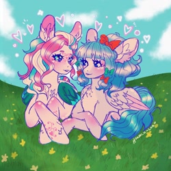 Size: 2048x2048 | Tagged: safe, artist:honolu-loo, star catcher, oc, oc:bluebell, pegasus, pony, g3, blue sclera, body markings, bow, canon x oc, chest fluff, cloud, colored sclera, colored wings, duo, ear fluff, facial markings, female, flower, folded wings, grass, hair bow, heart, high res, lesbian, looking at each other, looking at someone, lying down, mare, open mouth, pegasus oc, prone, sky, smiling, wings