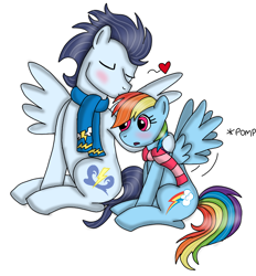 Size: 720x776 | Tagged: safe, artist:dasher666, artist:olyollyoxenfree, edit, rainbow dash, soarin', pegasus, pony, g4, blushing, clothes, female, kissing, male, mare, scarf, ship:soarindash, shipping, simple background, spread wings, stallion, straight, striped scarf, white background, wingboner, wings