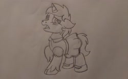 Size: 3264x2040 | Tagged: safe, artist:peternators, oc, oc only, oc:heroic armour, pony, unicorn, blushing, clothes, colt, crossdressing, dress, floppy ears, foal, high res, male, mary janes, monochrome, shoes, sketch, socks, thigh highs, traditional art