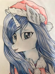 Size: 4032x3024 | Tagged: safe, alternate version, artist:hysteriana, oc, oc only, oc:spacelight, pony, unicorn, blue eyes, blue mane, christmas, clothes, crystal, cute, ear fluff, face, fur, hat, holiday, open mouth, santa hat, solo, suit, traditional art