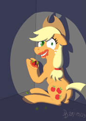 Size: 1131x1600 | Tagged: safe, artist:darkdabula, applejack, earth pony, pony, undead, vampire, g4, caught, creepy, dishonorapple, fangs, food, grin, juice, slit pupils, smiling, solo, strawberry