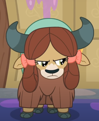 Size: 576x701 | Tagged: safe, screencap, yona, yak, g4, the hearth's warming club, bow, cloven hooves, cropped, female, hair bow, monkey swings, solo, unamused, yona is not amused
