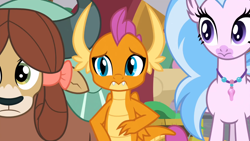 Size: 1600x900 | Tagged: safe, screencap, silverstream, smolder, yona, classical hippogriff, dragon, hippogriff, yak, g4, the hearth's warming club, bow, dragoness, female, hair bow, jewelry, monkey swings, necklace