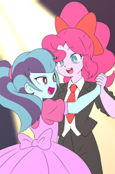 Size: 1324x2000 | Tagged: safe, artist:lirudraw, pinkie pie, sonata dusk, human, equestria girls, g4, alternate hairstyle, bow, clothes, dancing, dress, female, holding hands, lesbian, ponytail, ship:pinata, shipping, suit, tuxedo
