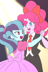 Size: 1324x2000 | Tagged: safe, artist:lirudraw, pinkie pie, sonata dusk, human, equestria girls, g4, alternate hairstyle, bow, clothes, dancing, dress, duo, female, holding hands, lesbian, ponytail, ship:pinata, shipping, suit, tuxedo