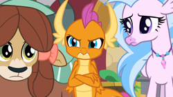 Size: 1600x900 | Tagged: safe, screencap, silverstream, smolder, yona, classical hippogriff, dragon, hippogriff, yak, g4, the hearth's warming club, angry, bow, crossed arms, dragoness, female, hair bow, jewelry, monkey swings, necklace