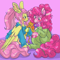 Size: 2048x2048 | Tagged: safe, artist:honolu-loo, fluttershy, pinkie pie, earth pony, pegasus, pony, g4, clothes, duo, female, freckles, freckleshy, high res, lesbian, pajamas, pink background, plushie, ship:flutterpie, shipping, simple background, sleepover