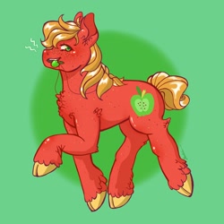 Size: 2048x2048 | Tagged: safe, artist:honolu-loo, big macintosh, earth pony, pony, g4, autism, autism spectrum disorder, chew toy, cloven hooves, green background, high res, jewelry, necklace, neurodivergent, simple background, solo, stimming