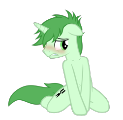 Size: 3590x3490 | Tagged: safe, artist:equestria secret guard, oc, oc only, oc:nihaicreeper, pony, unicorn, bedroom eyes, belly button, blushing, collarbone, high res, horn, kneeling, looking at you, male, sexy, shoulder, shy, simple background, solo, stallion, transparent background, unicorn oc