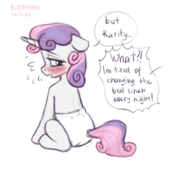 Size: 3000x3000 | Tagged: safe, artist:bloodymrr, rarity, sweetie belle, pony, unicorn, g4, abdl, art, blushing, curly hair, diaper, diaper fetish, embarrassed, emotional, emotions, female, fetish, filly, foal, implied bedwetting, offscreen character, shy, siblings, simple background, sisters, sitting, sketch, solo, speech bubble, talking, white background